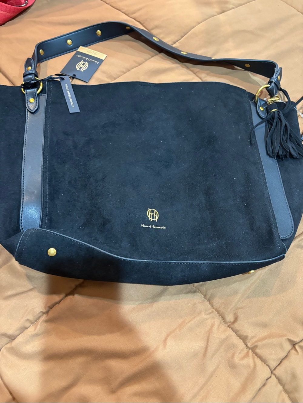 House of Harlow 1960 Black Suede Shoulder Hobo with Tassel